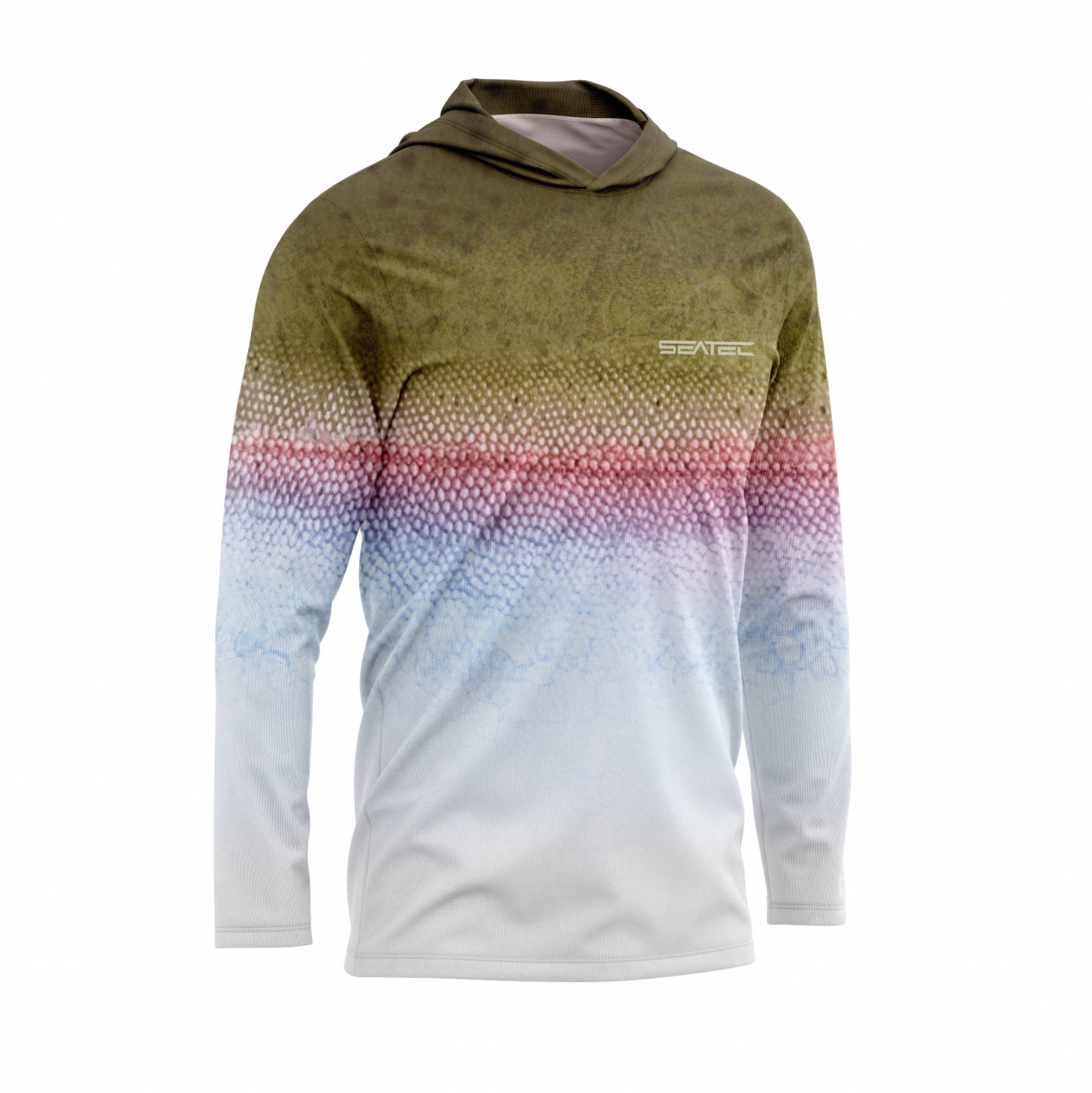 Rainbow Trout Men's Hooded Performance Shirt – Lightweight, moisture-wicking fishing shirt for active outdoor use with UPF sun protection