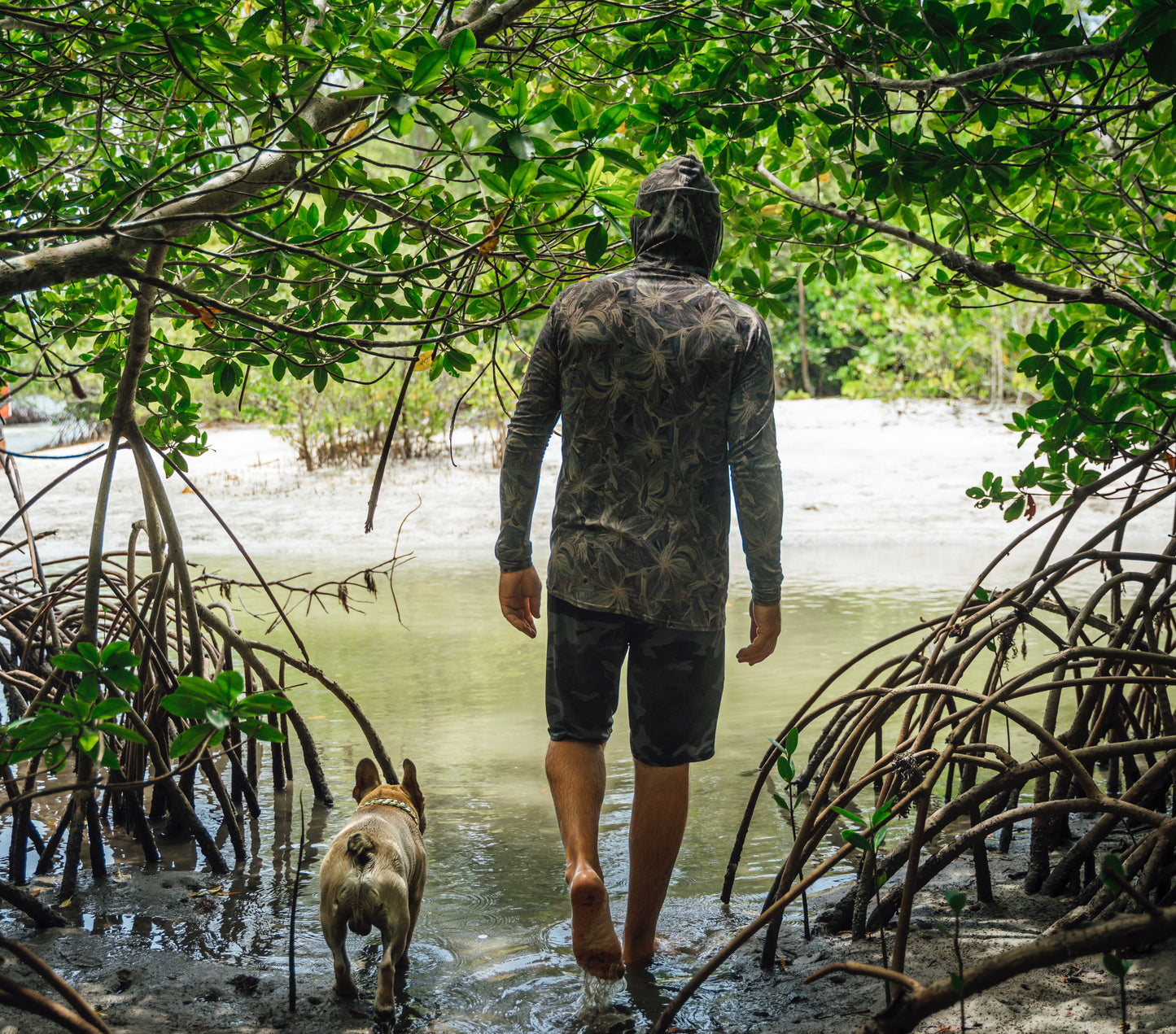 Mangrove Camo Men's Hooded Performance Shirt – Lightweight, moisture-wicking fishing shirt for active outdoor use with UPF sun protection