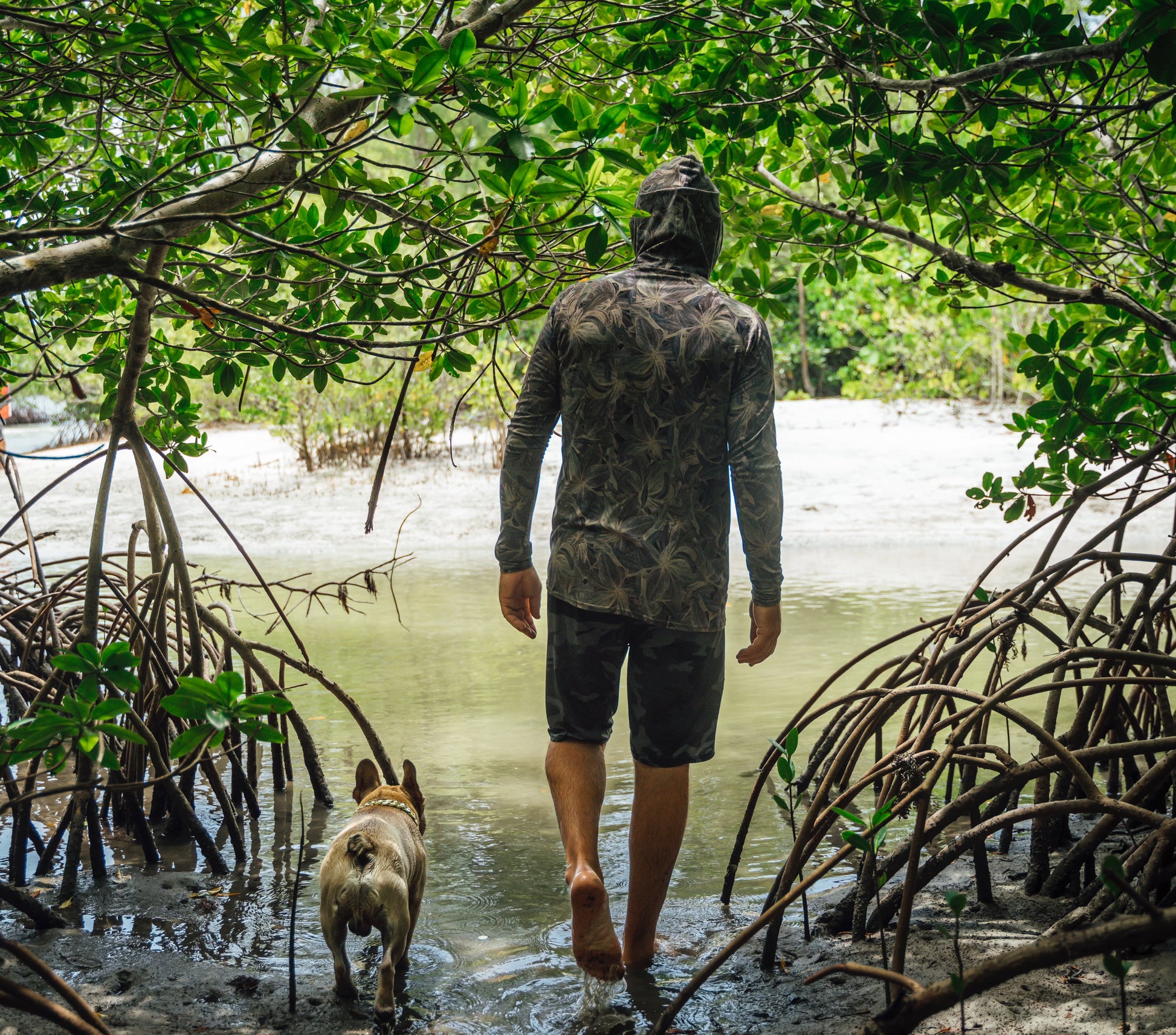 Mangrove Camo Men's Hooded Performance Shirt – Lightweight, moisture-wicking fishing shirt for active outdoor use with UPF sun protection