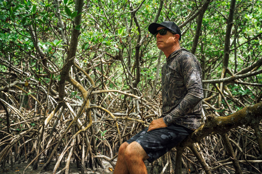 Mangrove Camo Men's Hooded Performance Shirt – Lightweight, moisture-wicking fishing shirt for active outdoor use with UPF sun protection