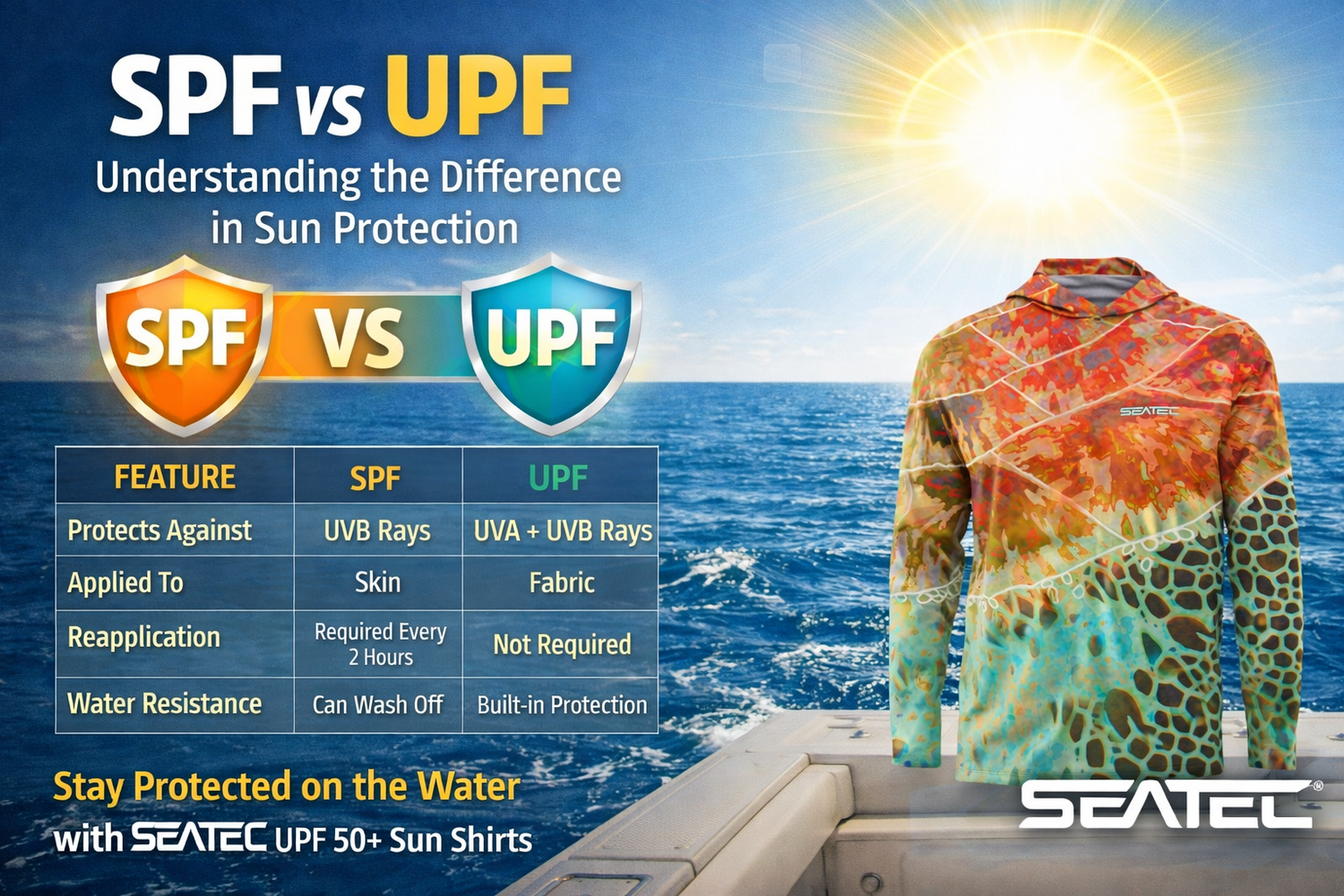 SPF vs UPF sun protection comparison showing SEATEC UPF 50+ fishing sun shirt designed for anglers and outdoor sun protection on the water.