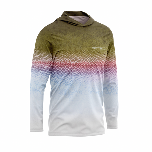 Rainbow Trout Men's Hooded Performance Shirt – Lightweight, moisture-wicking fishing shirt for active outdoor use with UPF sun protection