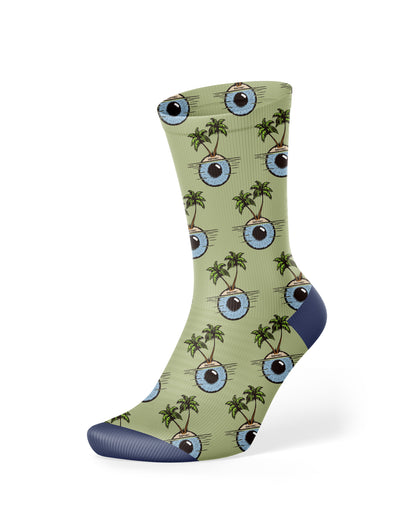Seatec Outfitters Eyeland Crew Sock featuring green base with eye and palm tree design, breathable moisture-wicking fabric for comfort and performance.