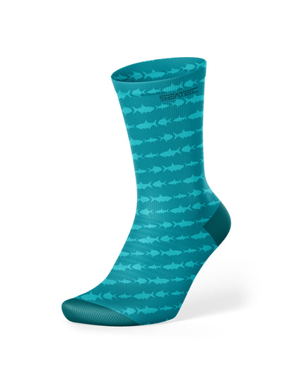 Seatec Outfitters Fly Slam Crew Sock featuring a 3 fish fly fishing slam design, breathable moisture-wicking fabric for comfort and performance