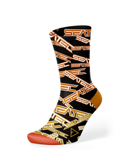 Seatec Outfitters Logo Crew Sock in bright colors and repeating logo with moisture-wicking, breathable, and anti-odor fabric for all-day comfort and performanc