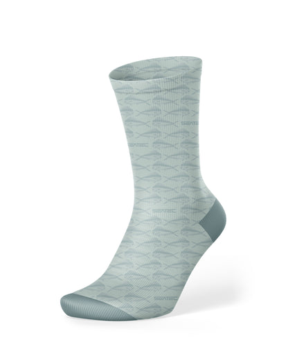 Seatec Outfitters Mahi Crew Sock featuring green mahi mahi repeating pattern design, breathable moisture-wicking fabric for comfort and performance