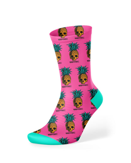 Seatec Outfitters Pineapple Skull Crew Sock in bright pink and pineapple skull with moisture-wicking, breathable, and anti-odor fabric for all-day comfort and performanc