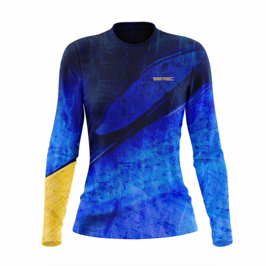 Seatec Women's Blue Tang Crew Sport Tec Performance Shirt – Lightweight, moisture-wicking fishing shirt for active outdoor use with UPF sun protection