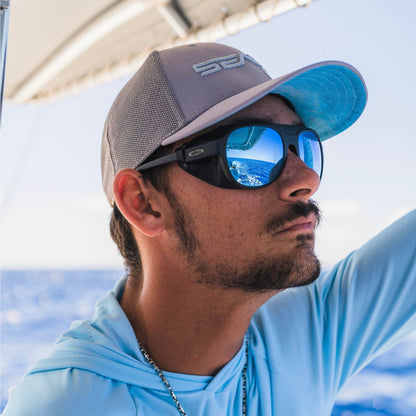 Blue Mahi Tech Mesh performance snapback trucker hat with flex sweatband by Seatec Outfitters