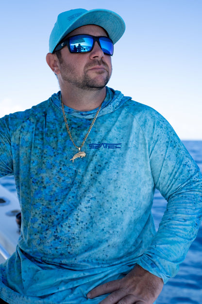 Blue Trevally Men's Hooded Performance Shirt – Lightweight, moisture-wicking fishing shirt for active outdoor use with UPF sun protection