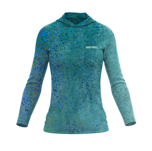 Seatec Women's Blue Trevally Hooded Performance Shirt – Lightweight, moisture-wicking fishing shirt for active outdoor use with UPF sun protection