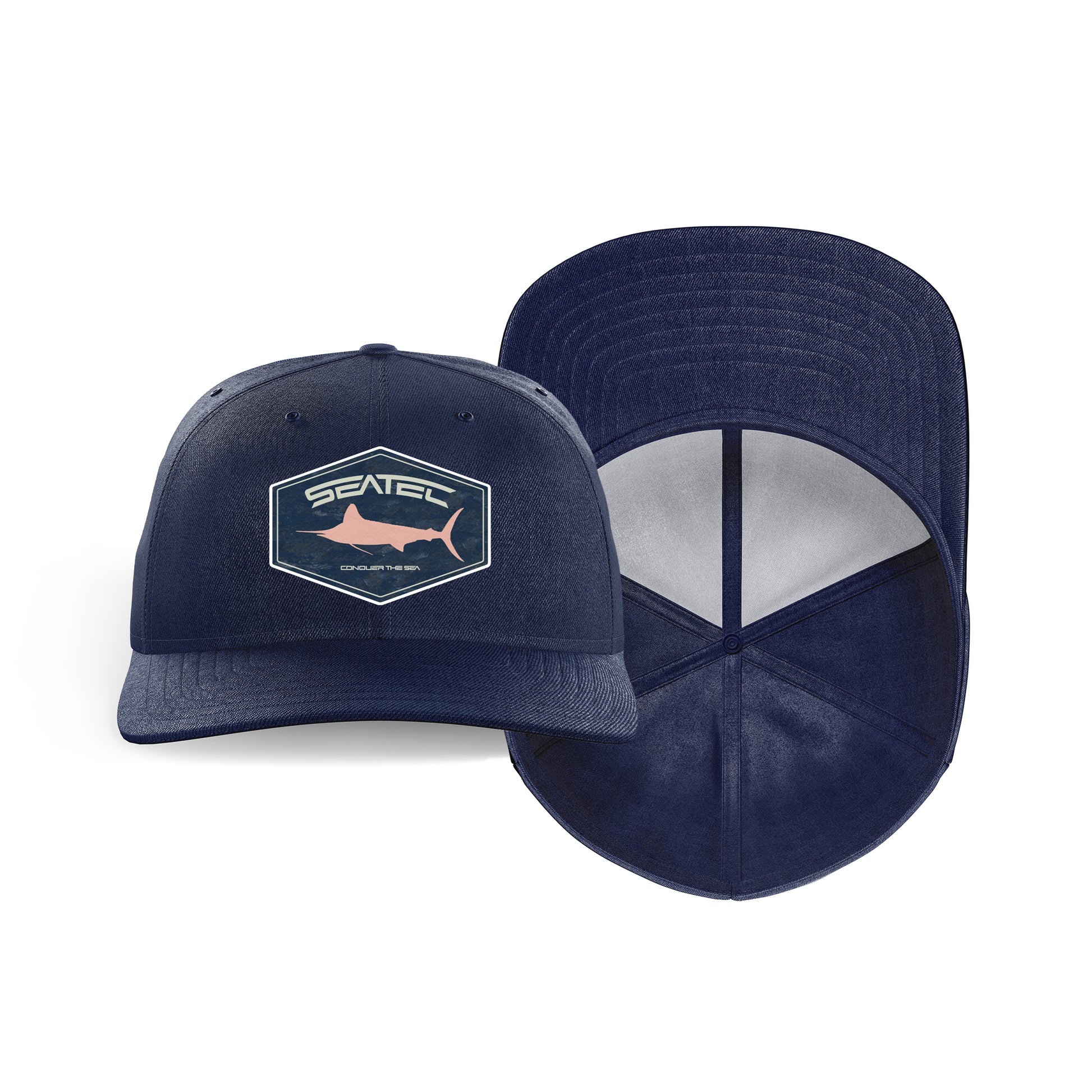 White Marlin tri tec performance snapback trucker hat with flex sweatband by Seatec Outfitters